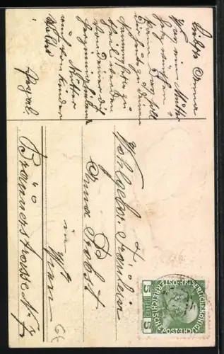 Präge-AK Kleinkind sitzt zwischen Vögeln auf einem Zweig, Namenstag Anna