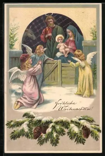 Präge-AK Weihnachtsengel mit Maria, Josef und Jesus