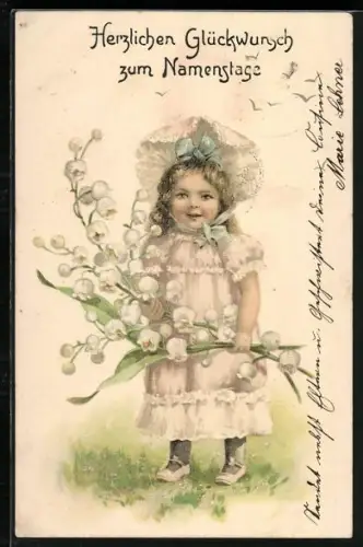 Präge-AK Namenstag, Mädchen mit Maiglöckchen-Strauss