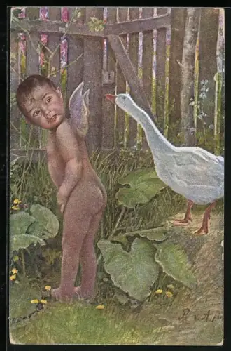 Künstler-AK Kleiner Engel mit Gans im Garten