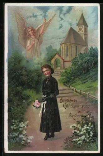 AK Mädchen zu ihrer Konfirmation vor einer Kirche, Engel