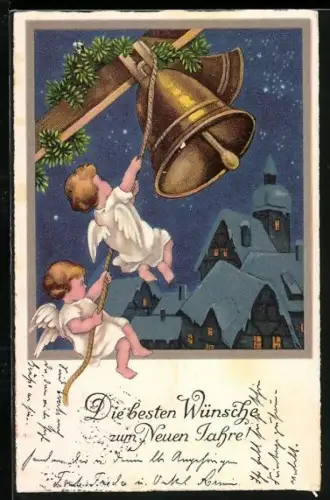 AK Neujahrsengel läuten Glocken vor verschneiter Stadt