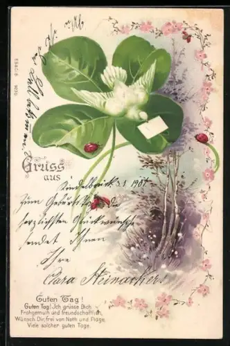 Glitzer-Perl-AK Guten Tag! Ich grüsse dich..., Weisse Taube und Klee