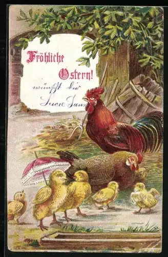 AK Fröhliche Ostern!, Osterküken mit Schirmchen