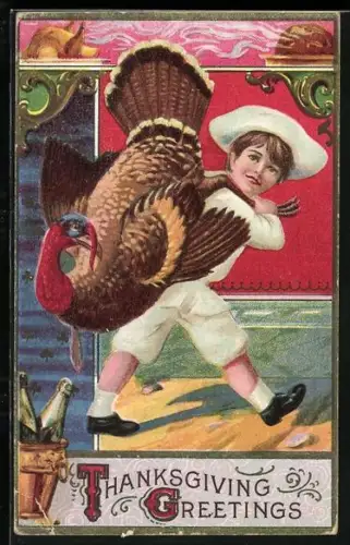 AK Junge trägt einen Truthahn auf den Schultern, Thanksgiving Greetings
