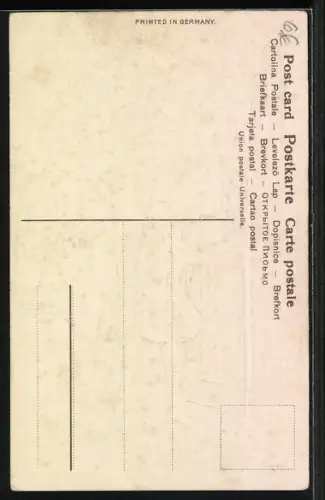 Präge-AK 1. April, Mädchen bindet einen Birkenstamm an den Zaun