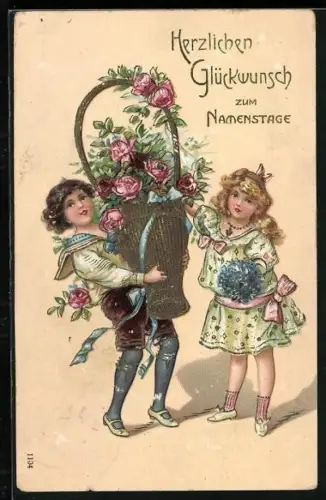 Präge-AK Glückwunsch zum Namenstag, Kinder mit Blumenkörben