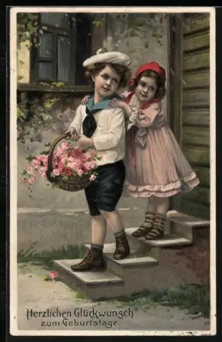 Präge-AK Glückwunsch zum Geburtstag, Mädchen und Junge mit einem Körbchen Blumen