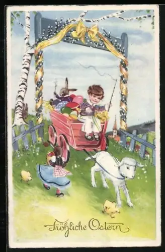 AK Lamm zieht einen Karren mit Osterhase und Ostereiern