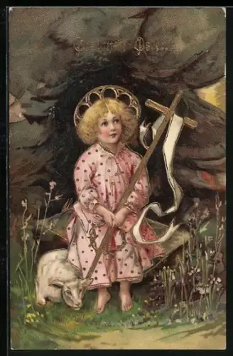 Präge-AK Jesus vor dem Grab mit Kreuz und Osterlamm, Gesegnete Ostern