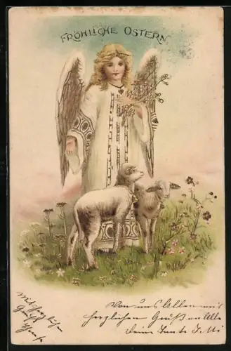 AK Osterengel und Lämmer auf einer blühenden Wiese