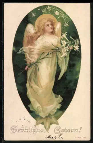 AK Schwebender Osterengel mit weisser Lilie in den Händen