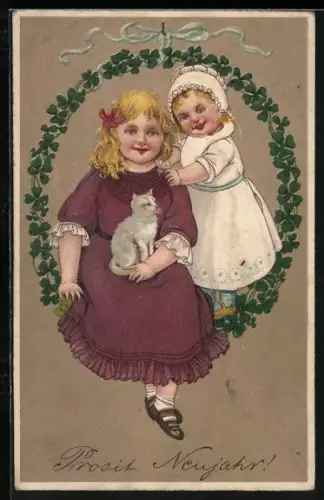Präge-AK Prosit Neujahr, Mädchen mit Katze in einer Kleeblatt-Schaukel