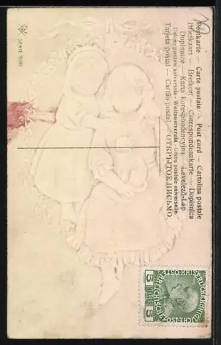 Präge-AK Prosit Neujahr, Mädchen mit Katze in einer Kleeblatt-Schaukel