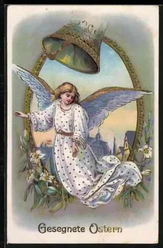 AK Osterengel unter einer Glocke, weisse Lilien