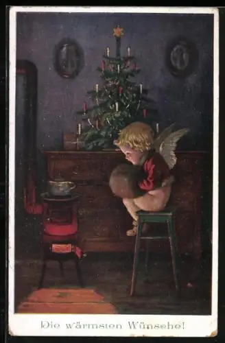 Künstler-AK Weihnachtsengel mit Muff frierend am Ofen, Die wärmsten Wünsche!