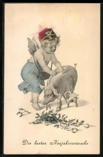 AK Neujahrsengel als Postbote mit Glücksschwein