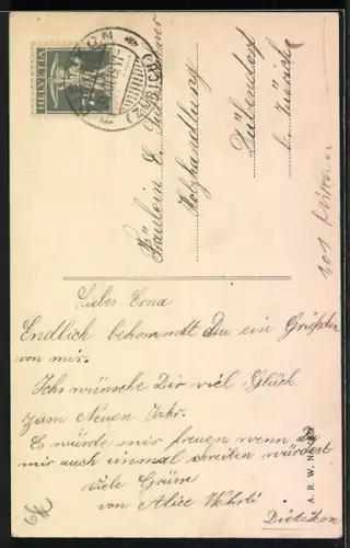 AK Neujahrsengel als Postbote mit Glücksschwein