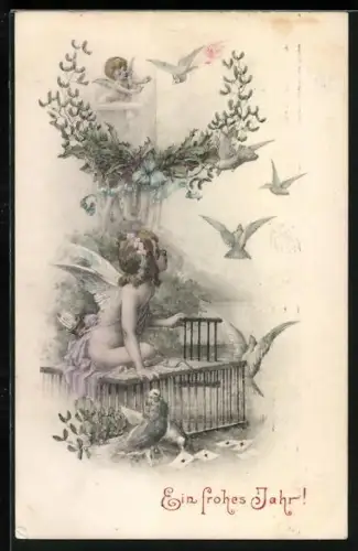 AK Amor lässt Tauben aus einem Käfig frei, Ein frohes Jahr!