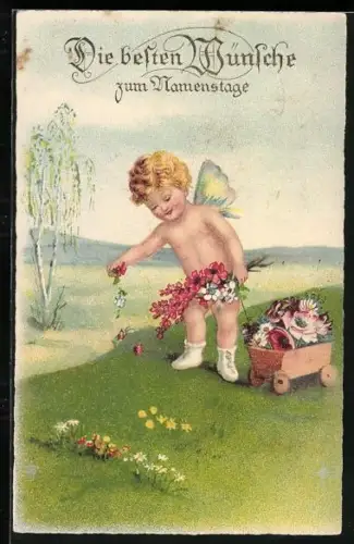 Künstler-AK Kleine Elfe mit Blumenwägelchen, Namenstag