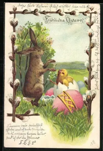 AK Osterhase mit Küken in einer kaputten Eierschale, Weidenkätzchenrahmen