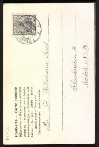 AK Osterhase mit Küken in einer kaputten Eierschale, Weidenkätzchenrahmen