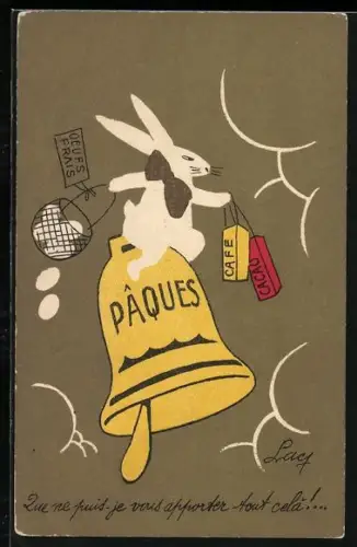 AK Osterhase sitzt mit Eierkorb auf einer Glocke
