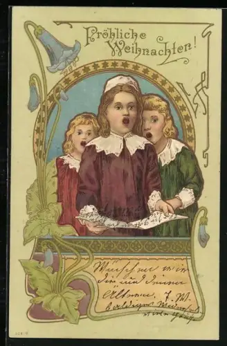 AK Drei singende Kinder im Jugendstil-Rahmen, Fröhliche Weihnachten