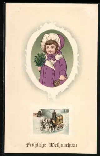 Präge-AK Postkutsche und Kind im Passepartout, Fröhliche Weihnachten