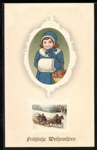 Präge-AK Kind in blauem Wintermantel und Pferdeschlitten im Passepartout, Fröhliche Weihnachten