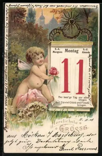 AK Kleine Elfe mit Kalenderblatt im Grünen, Herzlichste Grüsse