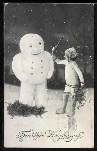 AK Kind und Schneemann mit Mistelzweigen, Neujahrsgruss