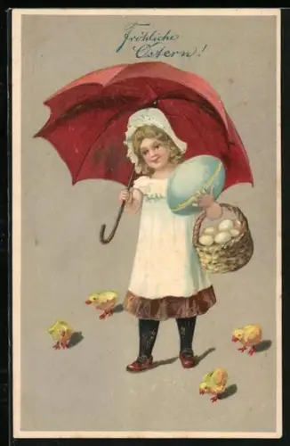 Präge-AK Fröhliche Ostern, Mädchen mit Osterküken, Regenschirm und Eierkorb