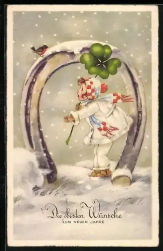 AK Mädchen und Rotkehlchen mit riesigem Hufeisen im Schnee, Neujahrsgruss