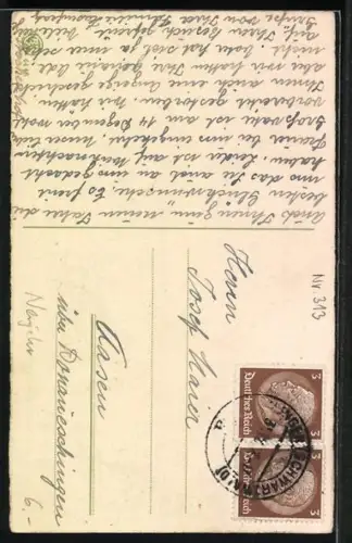 AK Mädchen und Rotkehlchen mit riesigem Hufeisen im Schnee, Neujahrsgruss