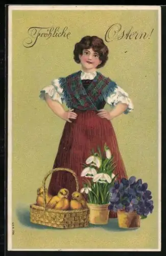 Präge-AK Dame mit Osterküken und Blumen, Ostern
