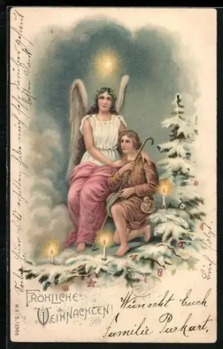 AK Fröhliche Weihnachten, Weihnachtsengel und Hirtenjunge im Schnee