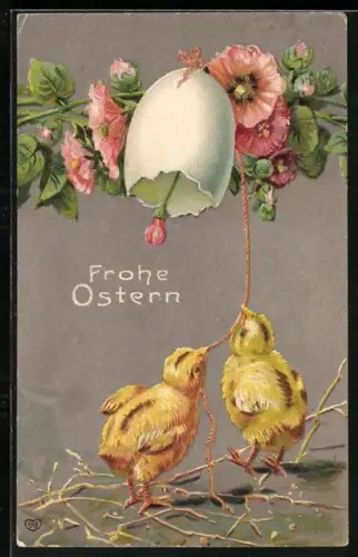 Präge-AK Osterküken läuten eine Glocke aus Eierschale