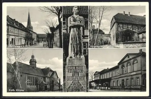 AK Schöppenstedt, Bahnhof der Eulenspiegelstadt, Steinweg, Geburtshaus in Kneitlingen, Kirche u. Standbild