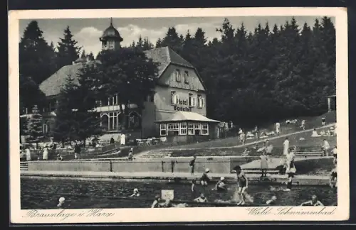 AK Braunlage /Harz, Hotel Bodefall und Wald-Schwimmbad mit Badenden
