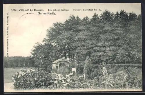 AK Elmshorn, Hotel Vossloch J. Weizow, Gartenpartie mit Pavillon