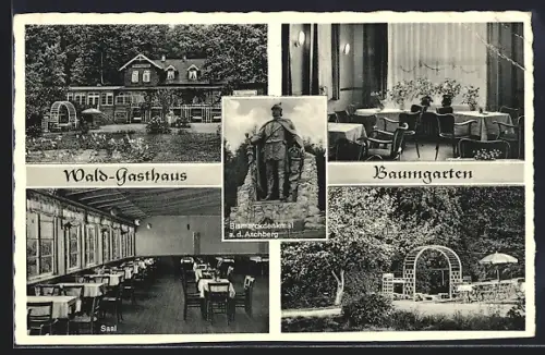 AK Bistensee, Waldgasthaus Baumgarten mit Innenansichten, Terrasse