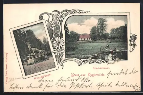 AK Friedrichsruh, Kupfermühle, Gebäudeansicht mit Teich, Hirschgruppe
