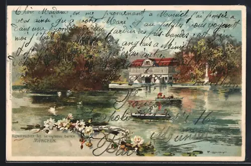 Künstler-Lithographie Theodor Guggenberger: München-Schwabing, Kleinhessloher See im englischen Garten