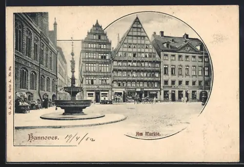 AK Hannover, Am Markte, Ortspartie mit Brunnen