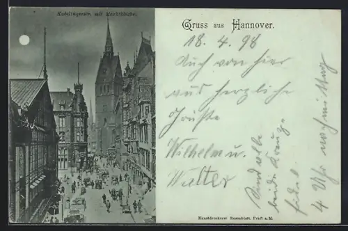 Mondschein-AK Hannover, Kobelingerstrasse mit Marktkirche aus der Vogelschau