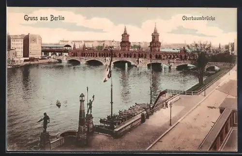 AK Berlin-Friedrichshain, Oberbaumbrücke und Spreeuferstrasse