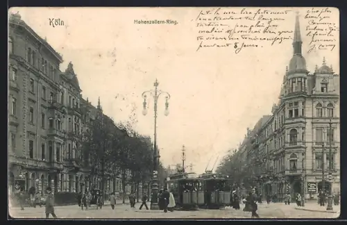 AK Köln-Neustadt, Hohenzollern-Ring mit Strassenbahn und Eck-Turmgebäude