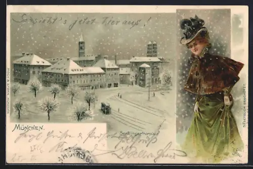 Lithographie München, Der Sendlingerthorplatz im Winter