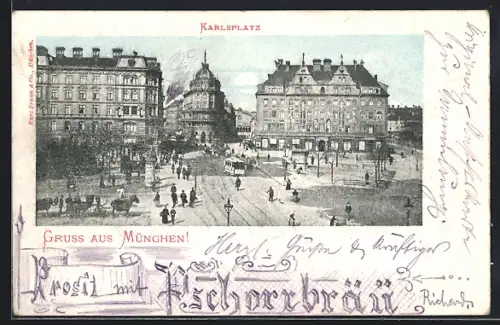 AK München, Karlsplatz mit Strassenbahn aus der Vogelschau